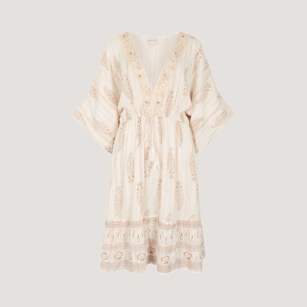 APRICOT 🍑- Boho V-Neck Embroidered Midi Dress in Cream - Picture 4 of 5